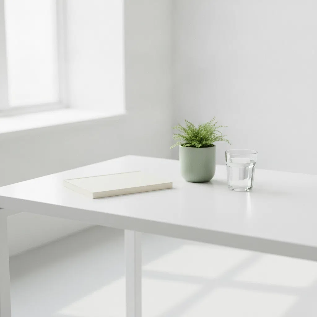 A clean, minimal workspace with a notebook, small potted plant and a glass of water on a white desk near a window