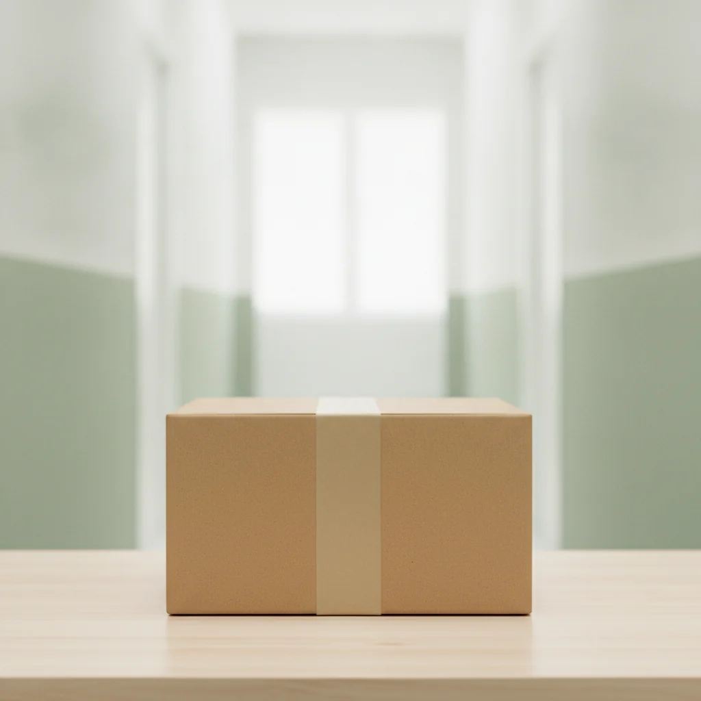 A neat plain kraft parcel box on a table near a bright hallway entrance, ready for delivery