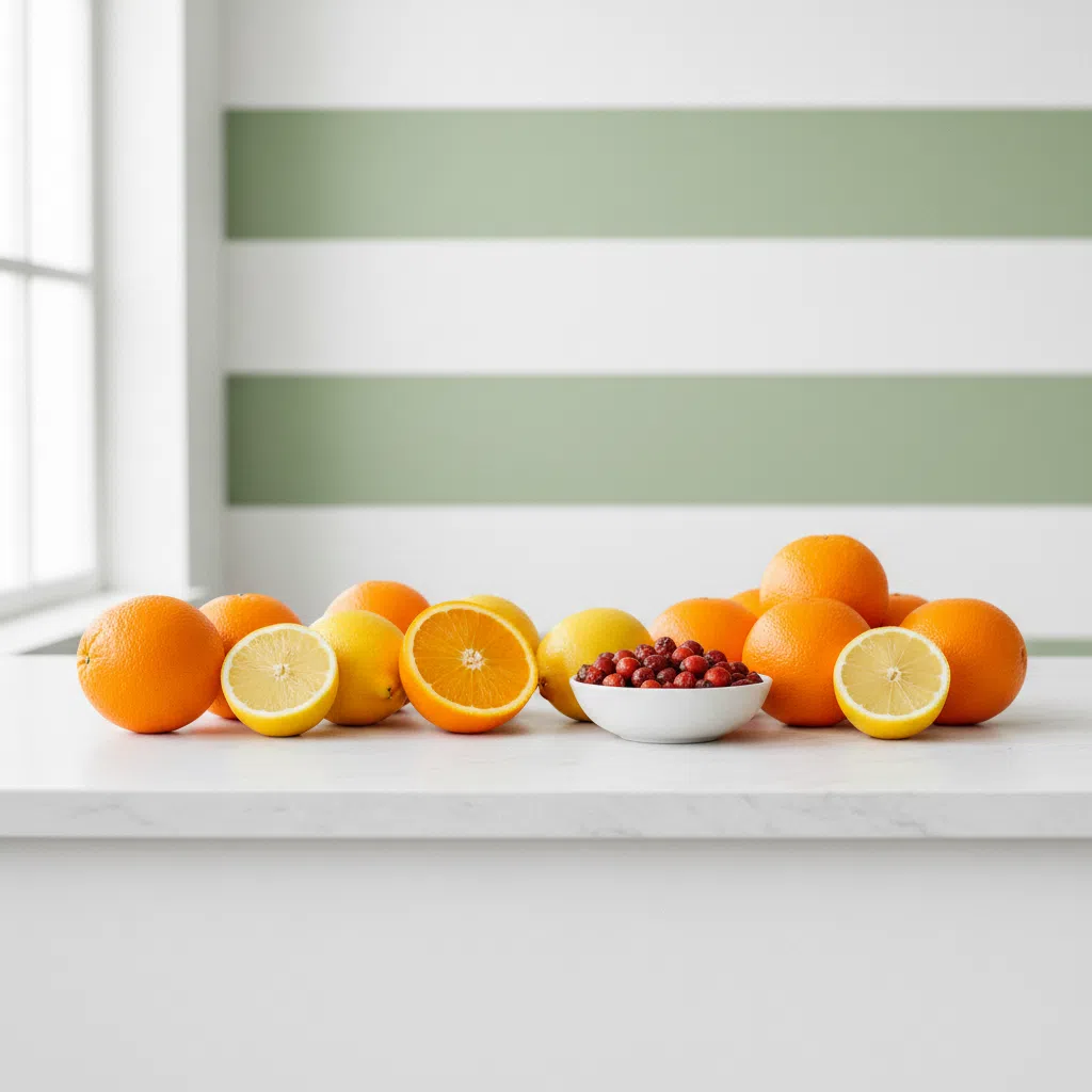 Fresh oranges, lemons and rosehip berries arranged on a white stone surface - key natural sources of Vitamin C