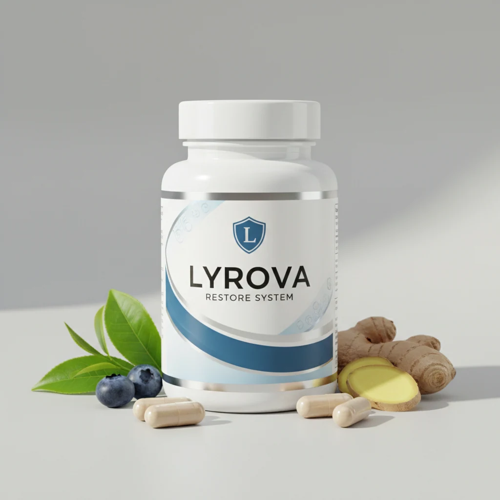 Lyrova Restore System supplement jar with label, surrounded by citrus slices and green leaves on a clean white surface